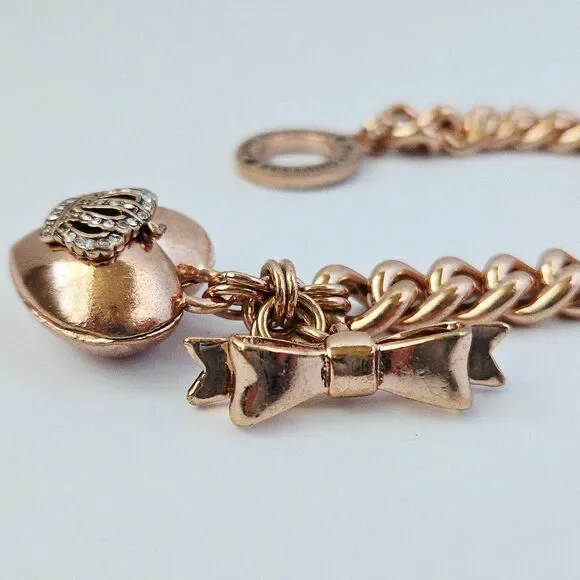 2013 Vintage Juicy Couture Rose Gold Heart Locket Bracelet Bow Toggle Closure - Picture 6 of 11